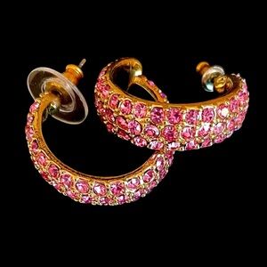 Vintage Joan Rivers Gold Plated Pink Pave Swarovski Crystal Hoop Post Earrings